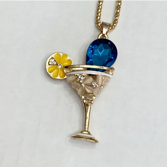 Gold plated blue and white crystal lemon martini glass necklace - Picture 5 of 16